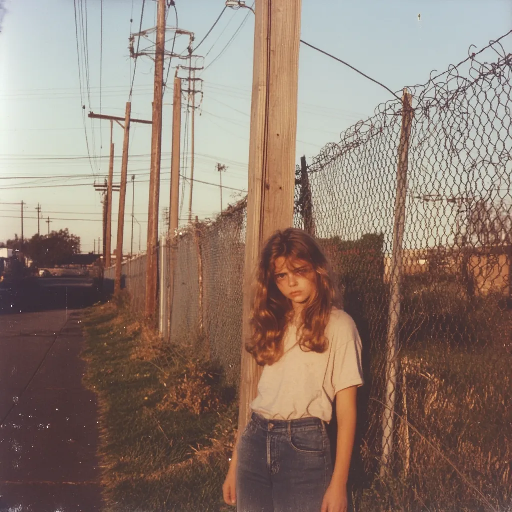 A young woman with long, light brown hair stands beside a wooden post and chain-link fence.  She's wearing a light beige t-shirt and blue jeans. The setting appears to be a residential street at sunset, with utility poles and wires visible in the background. The overall mood is nostalgic and slightly melancholic. The image has a faded, vintage quality, reminiscent of a photograph from the 1970s or 80s.