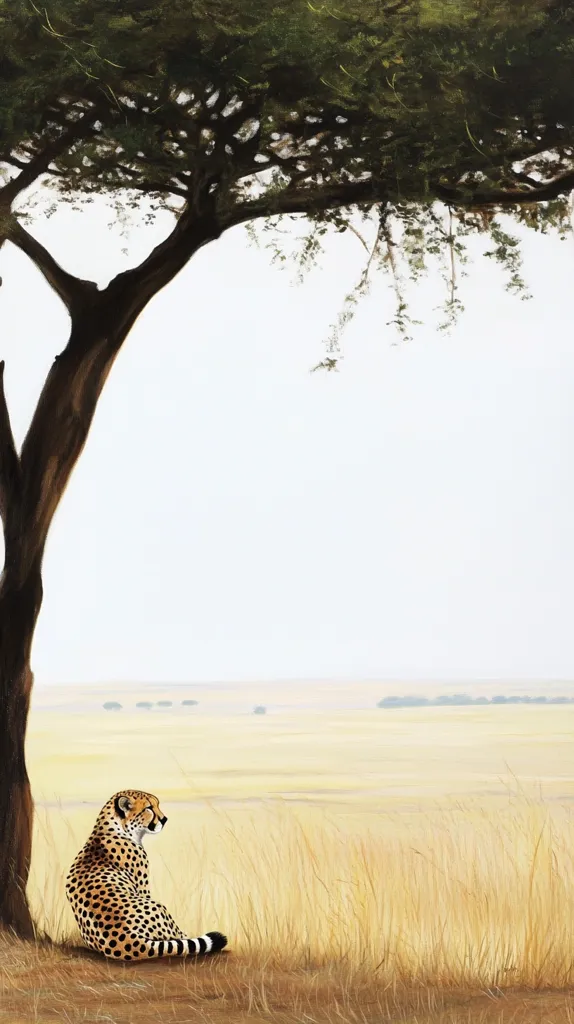 A cheetah sits under the shade of a large acacia tree, gazing out across a vast, golden savanna.  The serene landscape stretches to a hazy horizon, punctuated by distant trees.  The cheetah's spotted coat contrasts against the dry grass, creating a peaceful and evocative scene of African wildlife. The painting's muted colors and soft light enhance the tranquil atmosphere.