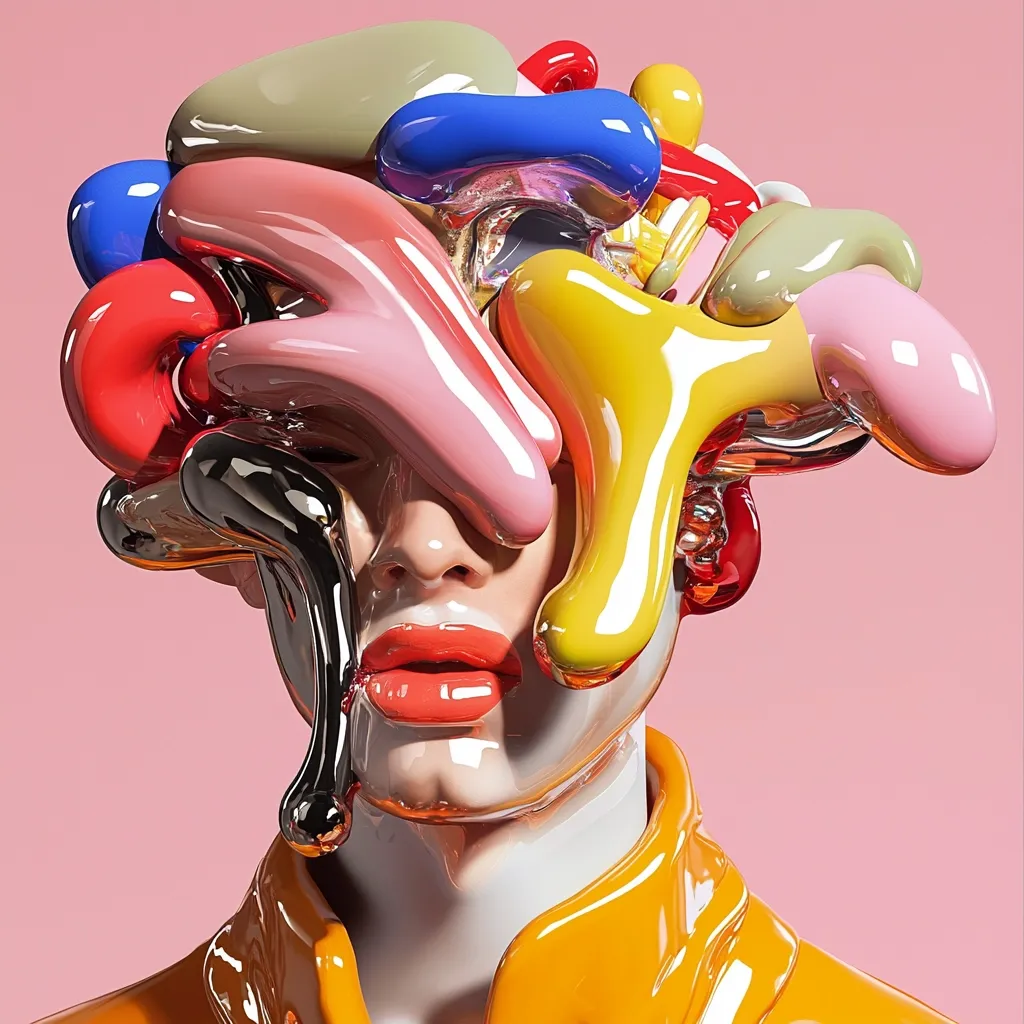 A digital artwork depicts a person's face obscured by a chaotic mass of glossy, vibrant, multi-colored, abstract forms.  The shapes, in hues of pink, yellow, blue, and red, appear to be melting or flowing, creating a surreal and somewhat unsettling effect. The person's face is partially visible, with glossy skin and bright red lips contrasting with the bright, abstract shapes.  The overall style is bold and modern, suggestive of digital sculpture or 3D rendering.