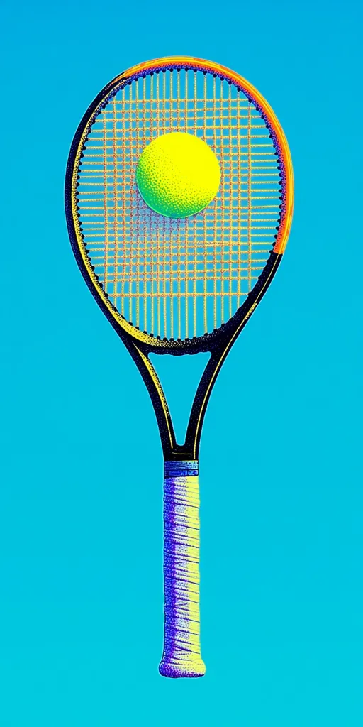 A stylized image depicts a tennis racket and ball against a vibrant teal background. The racket, with its yellow and black frame, and purple and yellow grip, is centrally positioned. A bright yellow tennis ball rests within the strings, creating a striking visual contrast. The image's bold colors and simple composition evoke a sense of dynamic energy and classic sports imagery.
