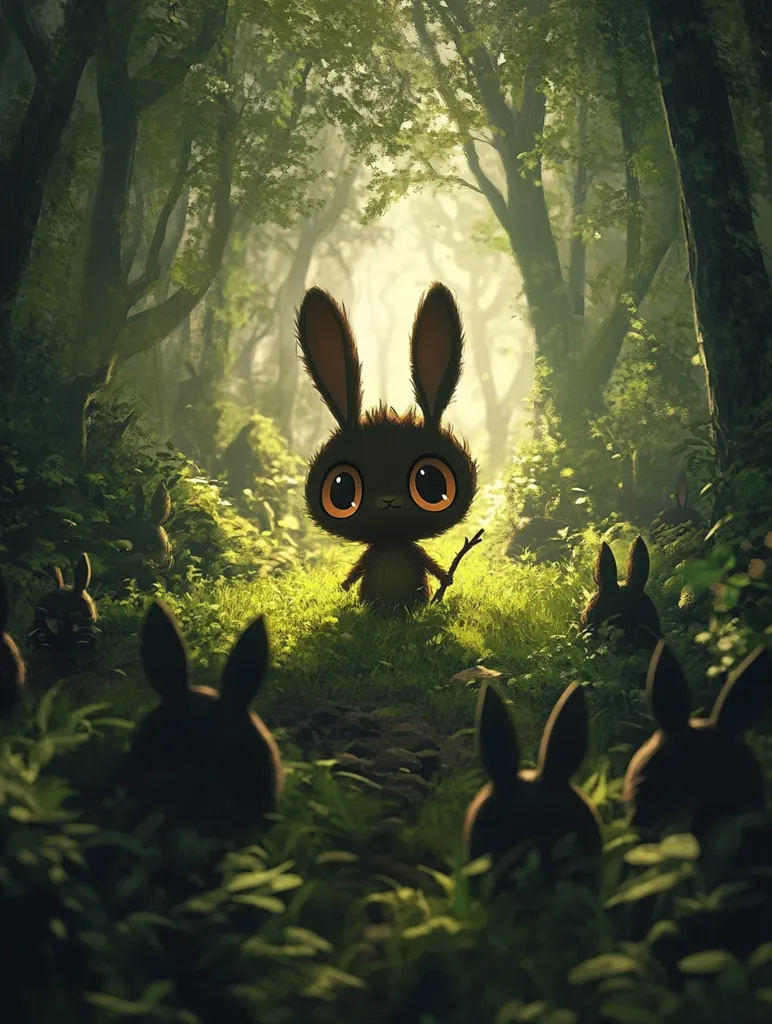 A charming, large-eyed bunny, holding a twig, stands in a sunlit forest clearing.  Surrounding it are several smaller, shadowy rabbits, creating a whimsical and slightly mysterious scene. The forest is lush and green, with tall trees forming a canopy overhead.  The overall tone is peaceful yet slightly magical.