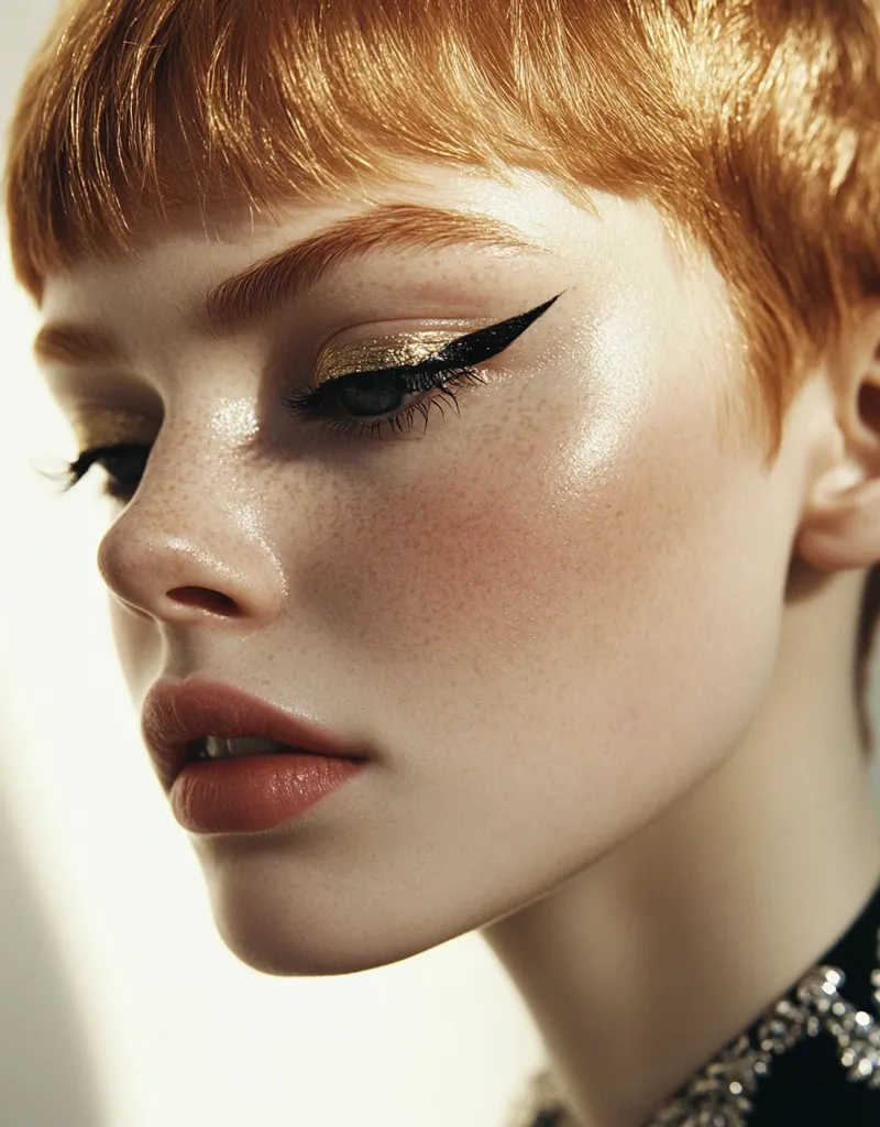 Close-up of a young woman with short, light-red hair.  She has fair skin with freckles and is wearing a subtle, natural makeup look with a sharp, winged eyeliner and gold shimmer eyeshadow.  Her lips are a soft, muted peach color. The lighting highlights her skin's texture and the delicate details of her face.  A hint of a dark, embellished collar is visible at her neckline.