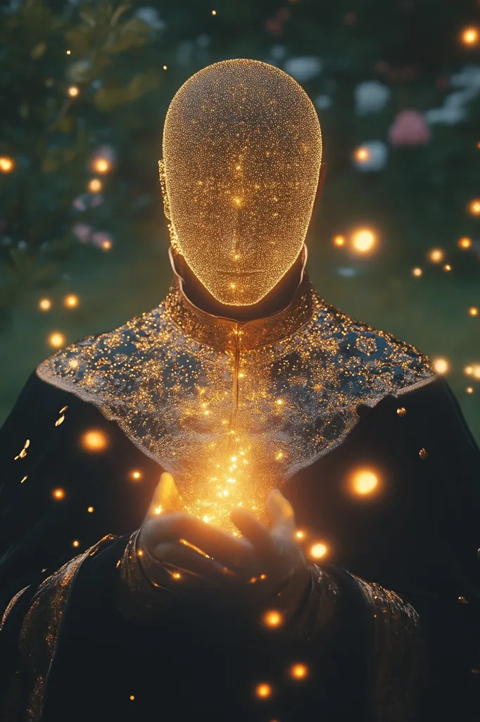 A mystical figure, cloaked in dark fabric adorned with golden accents, stands in a garden at twilight.  Their face is a shimmering, golden mask of light particles, seemingly emanating energy.  They hold glowing light in their cupped hands, surrounded by floating golden sparks, creating a surreal and ethereal scene. The overall mood is one of magic and wonder.
