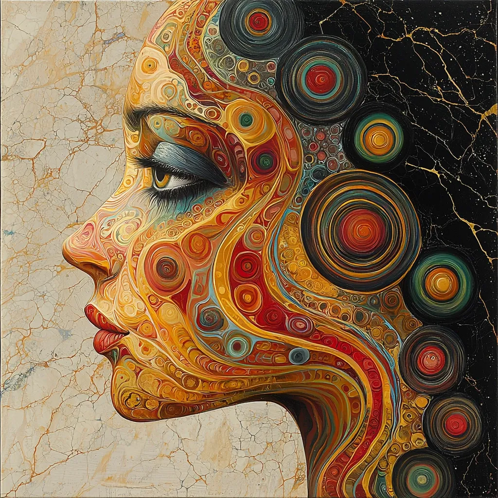 A vibrant, abstract portrait of a woman's face in profile.  Her features are rendered in swirling patterns of warm oranges, reds, and yellows, overlaid with concentric circles in various colors.  The background is a contrasting crackled texture, creating a striking juxtaposition between the ornate face and the rough background. The style is reminiscent of intricate henna body art or ancient mosaics.
