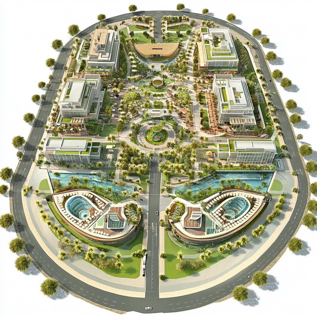 An overhead rendering showcases a lush, meticulously planned community.  Modern buildings, interspersed with extensive landscaping, including pools, parks and palm trees, are arranged around a central plaza.  The design features a circular road encompassing the entire development, suggesting a self-contained, resort-like atmosphere.  The overall aesthetic blends urban functionality with a tranquil, green environment.