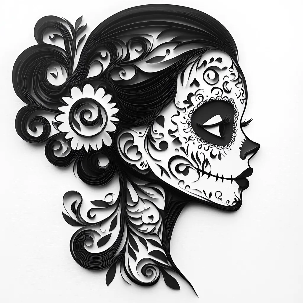A monochrome paper art piece depicts a woman's profile in the style of a Calavera Catrina.  Her face is adorned with intricate, swirling patterns characteristic of Dia de los Muertos, while her hair is styled in an elaborate updo with floral accents. The detailed paper curls and cutouts create a three-dimensional effect, highlighting the delicate artistry of the design. The overall aesthetic is both elegant and subtly macabre.