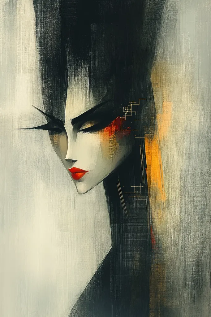 A stylized portrait of a woman with dark hair and dramatic makeup.  The painting uses a textured, abstract style with muted tones of beige and gray, accented by bold strokes of red on the cheeks and lips, and touches of orange-gold. The woman's expression is serious and contemplative, her gaze directed downward.  The artist employs a blend of realism and abstraction to create a striking and enigmatic image.