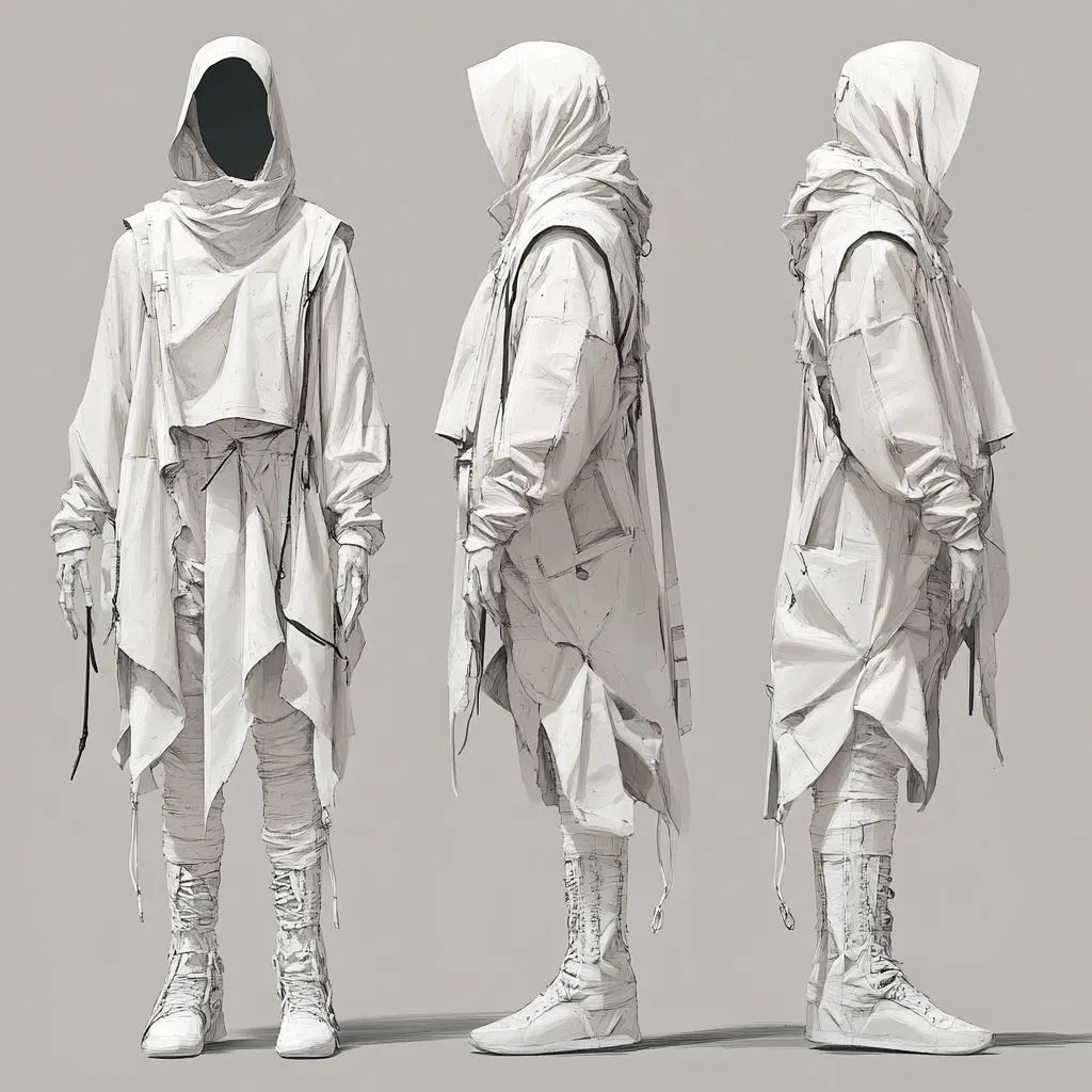 A digital illustration showcases three views of a futuristic, hooded garment.  The monochromatic, white attire features a draped, asymmetrical design with layered textures suggesting a lightweight, possibly waterproof material.  High, laced boots complete the ensemble, presented in front, side, and three-quarter views for a comprehensive design overview. The style is minimalist and vaguely dystopian.