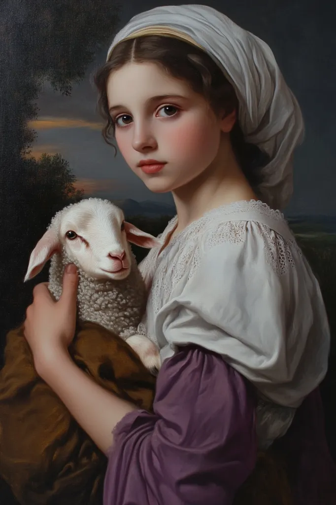 A young girl, wearing a white head covering and a light-colored dress with purple sleeves, gently cradles a small white lamb in her arms. The setting appears to be outdoors, with a dark, possibly evening, sky visible in the background. The painting is done in a realistic style, capturing fine details in the girl's features and the lamb's fleece. The overall mood is serene and peaceful, evoking a sense of innocence and gentle care.
