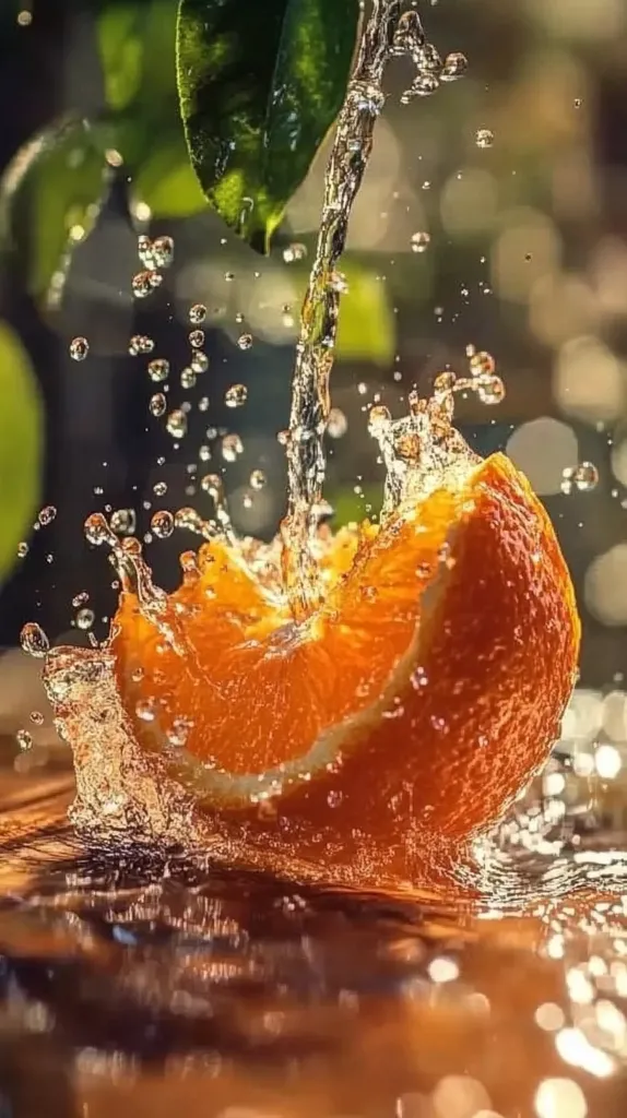 A vibrant orange segment is splashed with water, creating a dynamic scene of droplets and glistening surfaces.  The water flows from above, cascading over the fruit and scattering in a beautiful spray.  A green leaf hangs partially visible, suggesting a fresh, natural setting. The overall image is bright and lively, emphasizing the juicy freshness of the citrus fruit.