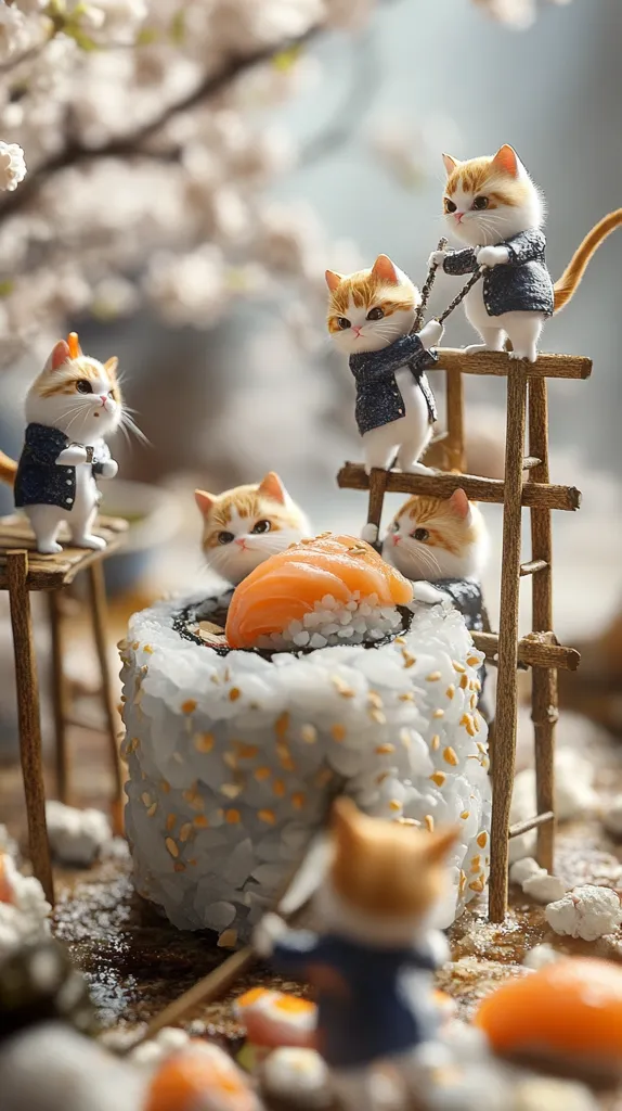 Adorable miniature cats, dressed in tiny blue jackets, are playfully interacting with a large sushi roll. Some cats climb a miniature wooden ladder, while others are positioned around the sushi, creating a whimsical and charming scene. The setting is serene, with a blurred background suggesting a blossoming tree, adding to the overall peaceful atmosphere.  The image is a delightful blend of cute animals and delicious food.