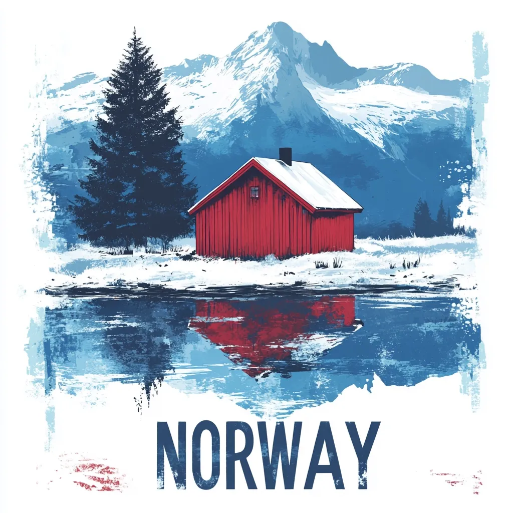 A vibrant illustration depicts a serene Norwegian landscape. A small, red cabin sits nestled beside a calm body of water, its reflection mirroring the structure. Towering snow-capped mountains form a majestic backdrop, with a dark evergreen tree standing prominently to the left. The word "NORWAY" is boldly displayed at the base, completing the picturesque scene with a painterly, textured style.