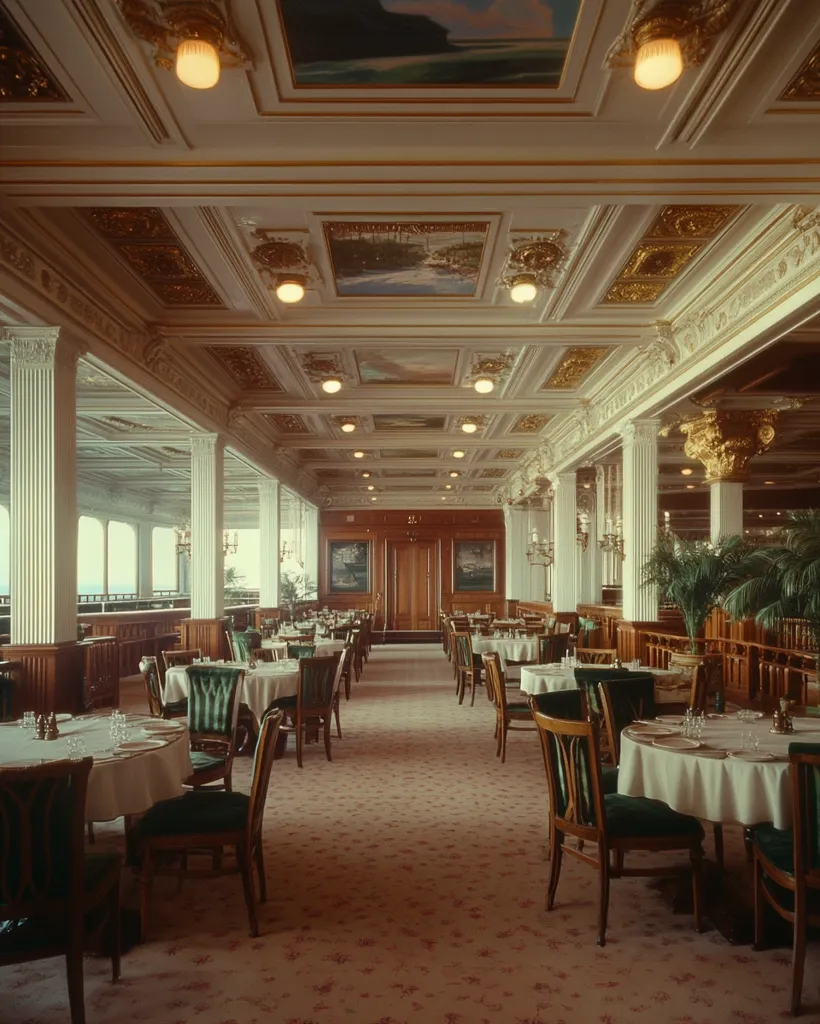 An opulent dining room boasts a high ceiling adorned with ornate gold detailing and painted panels.  Rows of dark wood tables draped with white linens and green chairs are arranged along a carpeted floor.  Classical columns line the sides, creating a formal atmosphere.  Large windows provide natural light, showcasing a view beyond. The overall design suggests a luxurious setting, possibly aboard a ship or in a grand hotel.