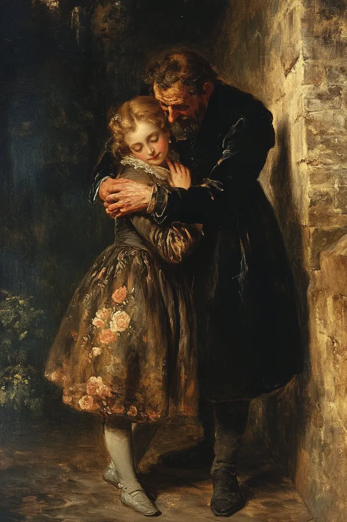 An older man with a beard embraces a young girl wearing a floral dress.  The scene is set outdoors, near a stone wall, in a dimly lit area.  The man's dark clothing contrasts with the girl's lighter attire.  The painting conveys a sense of tenderness and possibly farewell or parting.  The brushstrokes are visible, giving the artwork a textured appearance. The overall mood is melancholic yet intimate.