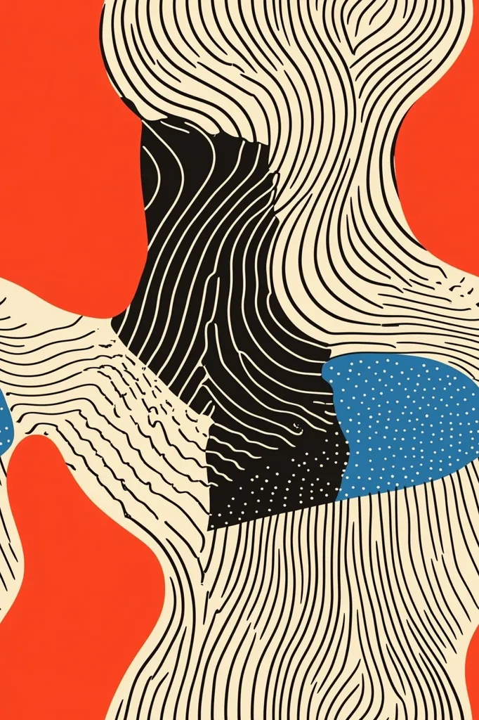 An abstract artwork featuring a blend of organic and geometric shapes.  Cream-colored lines curve and flow across the canvas, overlaid with bold black and orange shapes.  A small teal section punctuated with white dots adds a pop of color. The overall effect is dynamic and visually engaging, suggesting movement and depth.  The style is reminiscent of mid-century modern design.