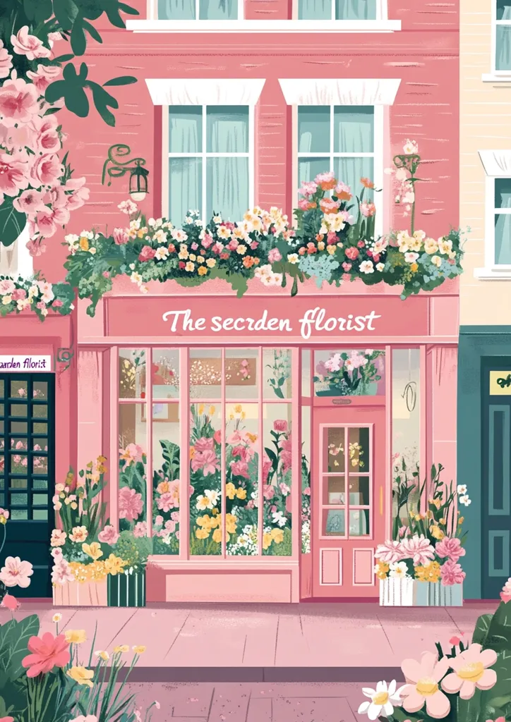 A charming illustration depicts "The Secreden Florist," a pink shop overflowing with vibrant flowers.  Window boxes and potted plants adorn the building's exterior, creating a picturesque scene. The shop's large window displays a colorful array of floral arrangements, inviting passersby.  The overall style is whimsical and cheerful, evoking a sense of springtime and floral delight.