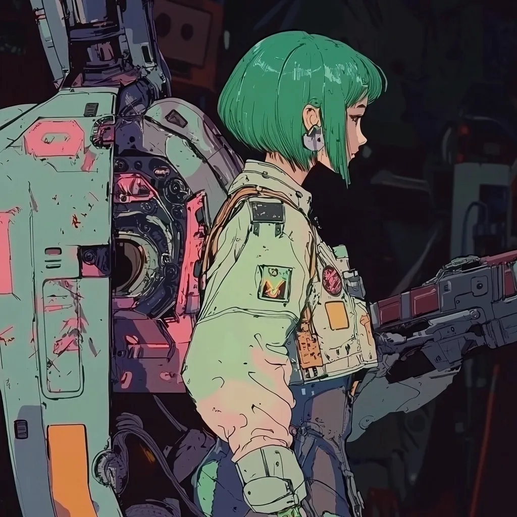 A stylized anime-style illustration depicts a female character with vibrant green hair, wearing a futuristic, light green jacket adorned with patches and carrying a large, intricate mechanical device on her back. The setting appears to be a dimly lit, industrial environment, enhancing the cyberpunk aesthetic. The artwork's color palette is a blend of pastel and darker tones, creating a visually striking contrast. The character's expression is serious and focused, adding to the overall atmosphere of mystery and action.