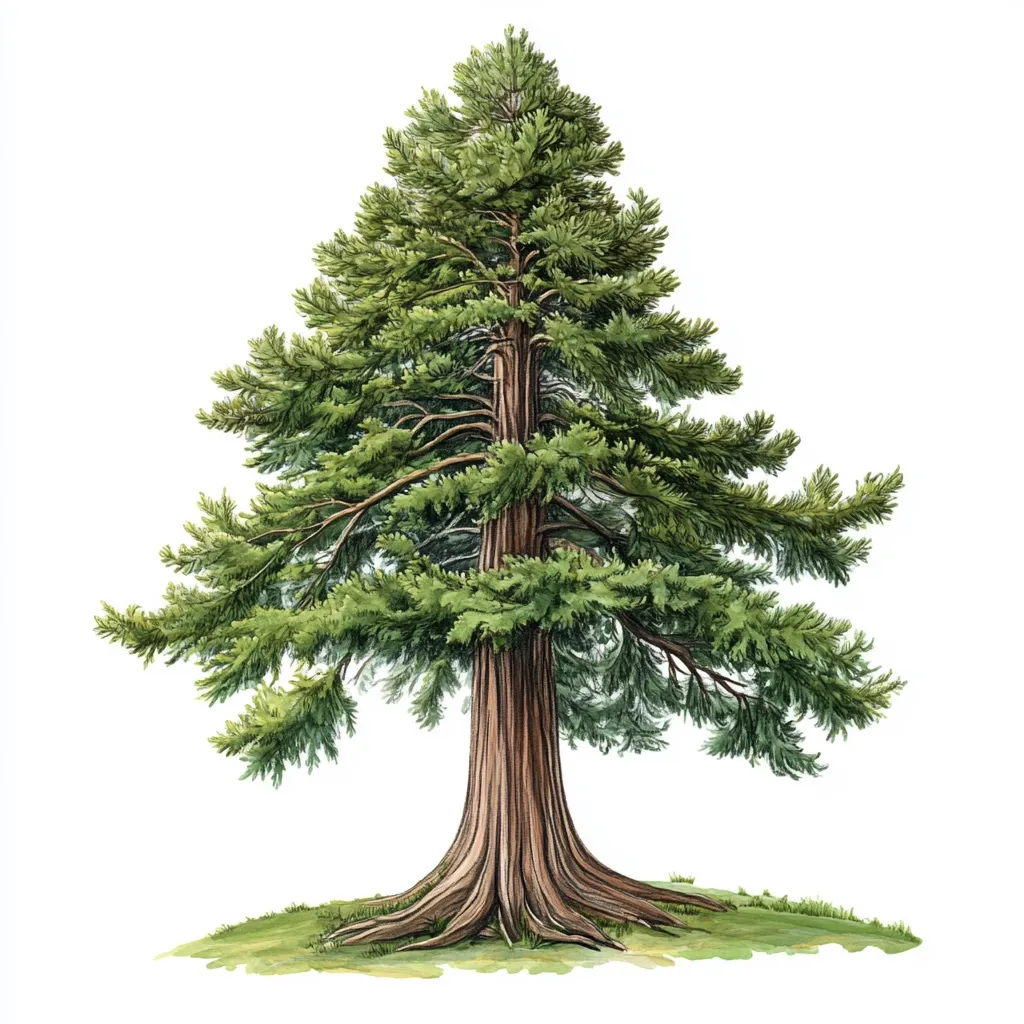 A detailed watercolor illustration showcases a majestic evergreen tree, possibly a cedar or redwood. Its towering trunk, thick and deeply furrowed, supports a dense crown of lush, green foliage. The branches spread wide, creating a symmetrical, conical shape. The tree is depicted on a small patch of ground, isolated against a stark white background, emphasizing its grandeur and detail.