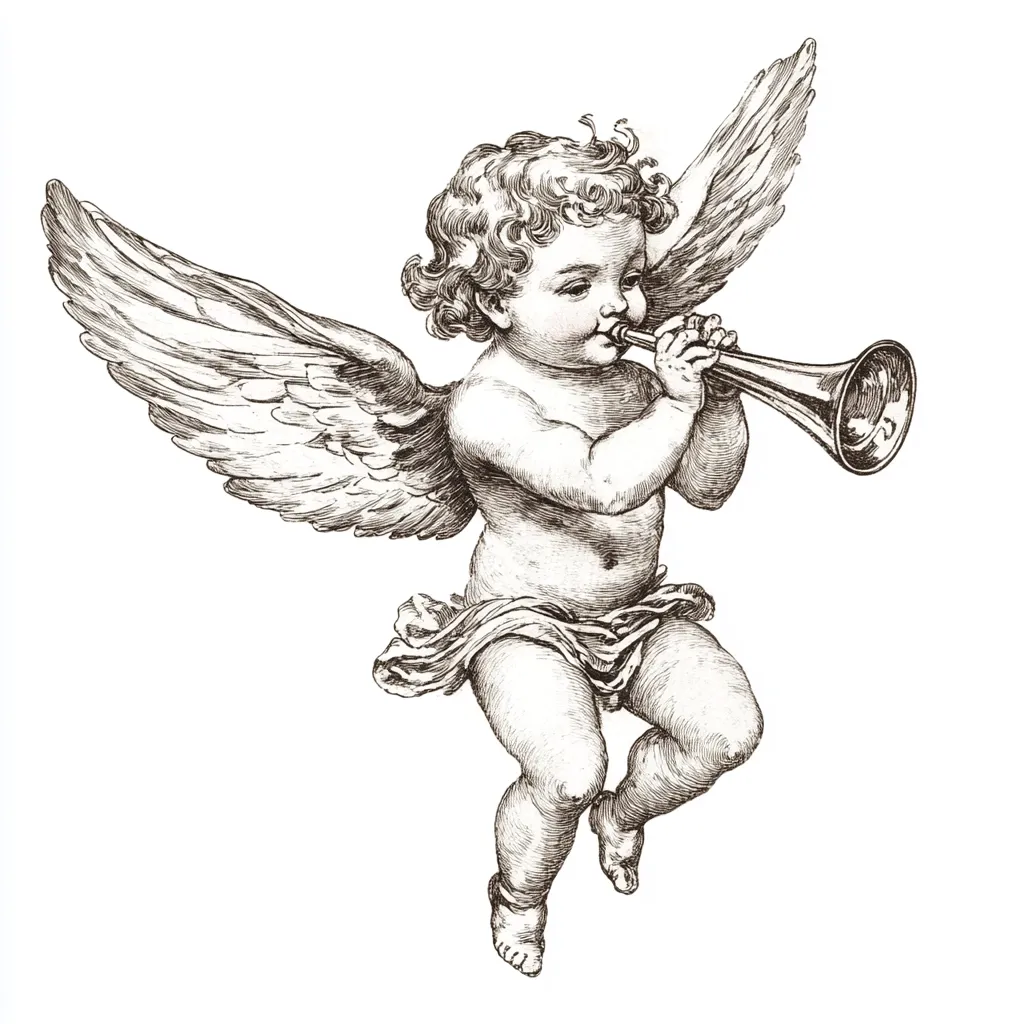 A cherubic angel, wings outstretched, plays a trumpet.  The detailed pen-and-ink drawing showcases the angel's chubby form and curly hair.  The angel's expression is serene as it musically blows the instrument, creating a visually striking image of celestial harmony.  The style suggests a classical or antique aesthetic.