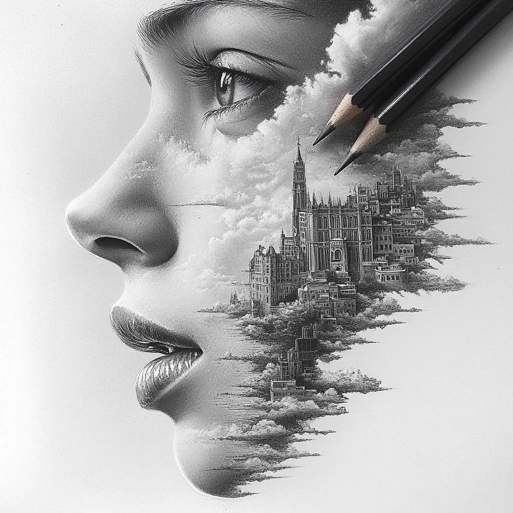 A stunning grayscale pencil drawing depicts a woman's face, her features seamlessly blending with a detailed cityscape nestled within clouds.  The city, rendered with remarkable precision, appears to emerge from or be contained within the woman's profile, creating a surreal and captivating juxtaposition.  Two pencils rest atop the artwork, suggesting the artist's meticulous process. The overall effect is dreamlike and evocative.