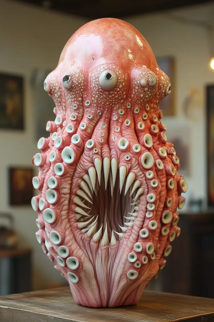 A meticulously crafted sculpture depicts a monstrous, fleshy creature resembling an octopus. Its bulbous head is adorned with numerous suckers, and a gaping maw reveals rows of sharp teeth.  The pinkish hue and textured surface enhance the creature's unsettling realism. The sculpture sits on a dark wooden surface, providing a stark contrast to its vibrant color. The background is blurred, focusing attention on the detailed craftsmanship of the artwork.