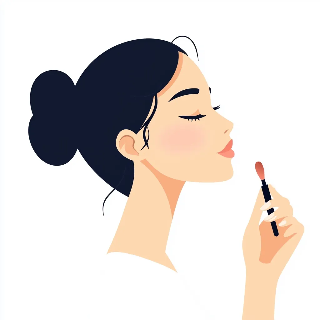 An illustration of a woman with dark hair in a bun, applying makeup. She holds a small brush, her eyes closed in concentration.  Her profile is shown, highlighting her calm and serene expression. The style is simple and clean, focusing on the woman's face and the act of applying makeup.  The overall feeling is one of peaceful self-care.