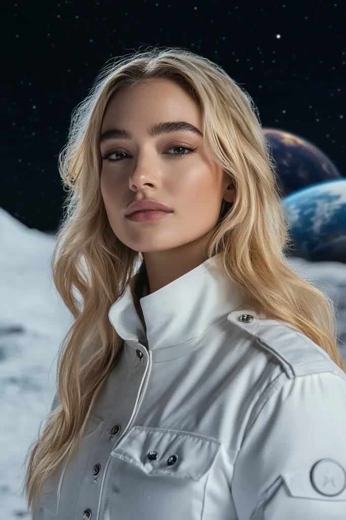 A blonde woman with long wavy hair, wearing a white collared shirt, stares intently at the camera.  The background depicts a lunar landscape with Earth visible in the distance, creating a futuristic or space-themed setting. Her expression is serious and composed, suggesting strength and determination. The image is sharply focused on her face and upper body.