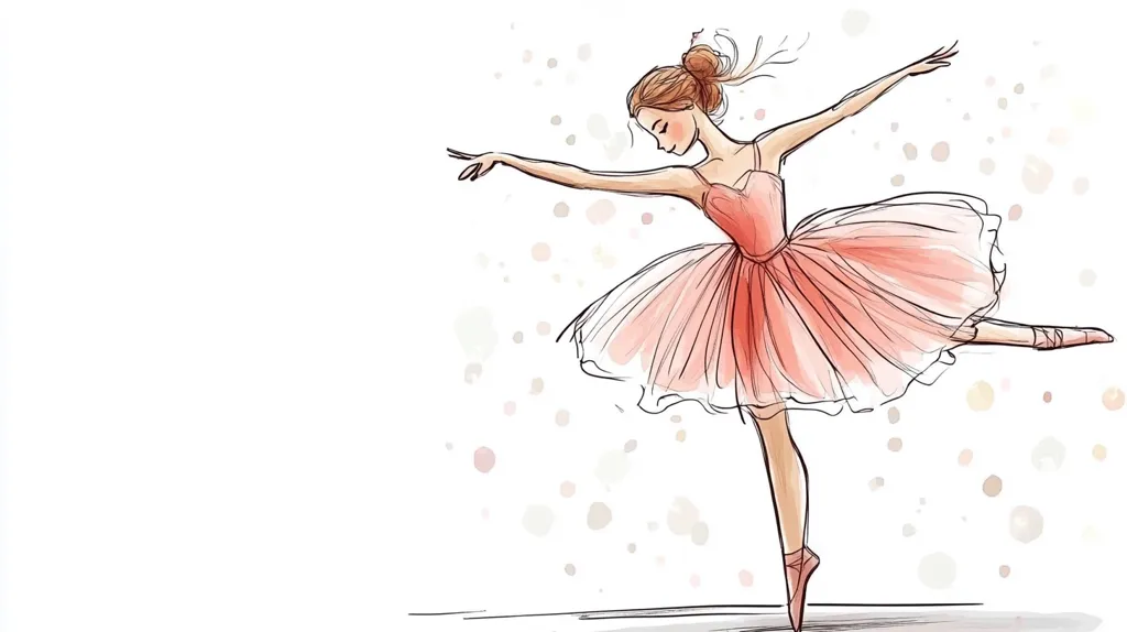 A watercolor-style illustration depicts a ballerina in a graceful pose.  She wears a pale pink tutu and pointe shoes, her hair neatly bunned.  Her arms are outstretched, and her body is elegantly arched, suggesting movement and lightness.  The background features soft, pastel-colored dots, adding to the ethereal feel of the artwork.