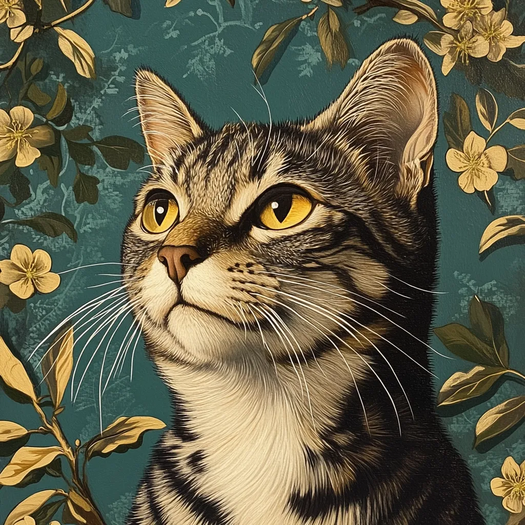 A striking portrait of a tabby cat, rendered in exquisite detail.  Its bright yellow eyes gaze upward, framed by dark stripes against a rich teal background.  Delicate, stylized blossoms and foliage surround the cat, enhancing the image's elegant and artistic style. The artist's skillful use of light and shadow brings the cat's fur and expression to life.