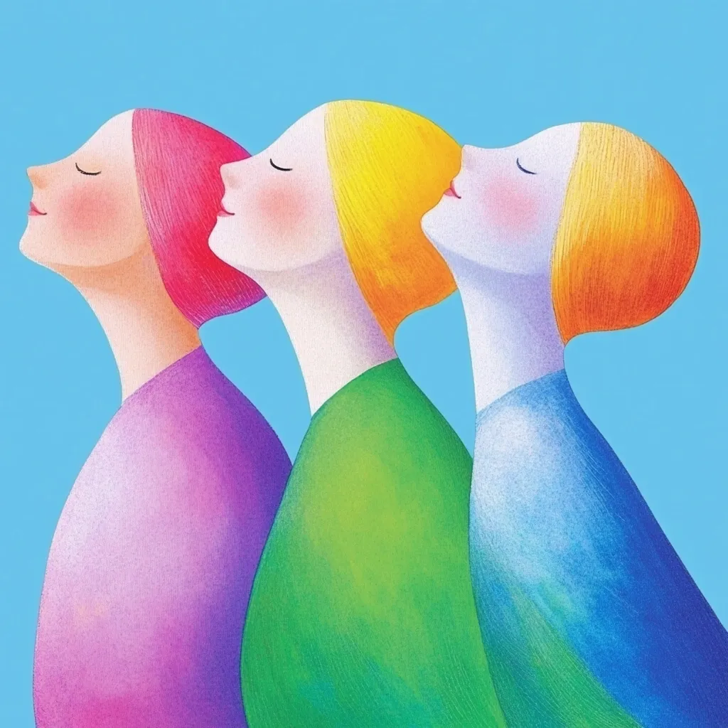 Three stylized female figures stand in profile against a light blue background, their heads tilted back in a shared moment of contemplation or joy.  Each woman is depicted in a vibrant, solid color—purple, green, and blue—with similarly colored hair.  The artwork is characterized by soft, smooth lines and a dreamlike quality, suggesting unity and harmony.