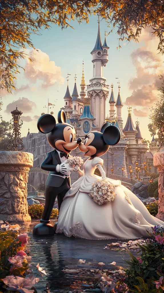 Mickey and Minnie Mouse are depicted as a wedding couple, standing before a majestic castle at sunset.  Minnie, in a flowing white wedding gown, holds a bouquet, while Mickey, in a tuxedo, gazes lovingly at her.  The scene is idyllic and romantic, with flowers scattered on the ground reflecting in the calm water at their feet.  The fairytale castle forms a breathtaking backdrop to their special moment.