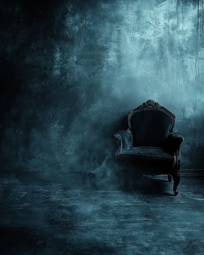 A dark, moody image depicts an ornate, black armchair positioned against a textured teal wall.  The room is filled with a low-lying ethereal fog, enhancing the mysterious atmosphere. The floor is dark and worn, matching the overall somber tone. The scene evokes a sense of age and mystery.