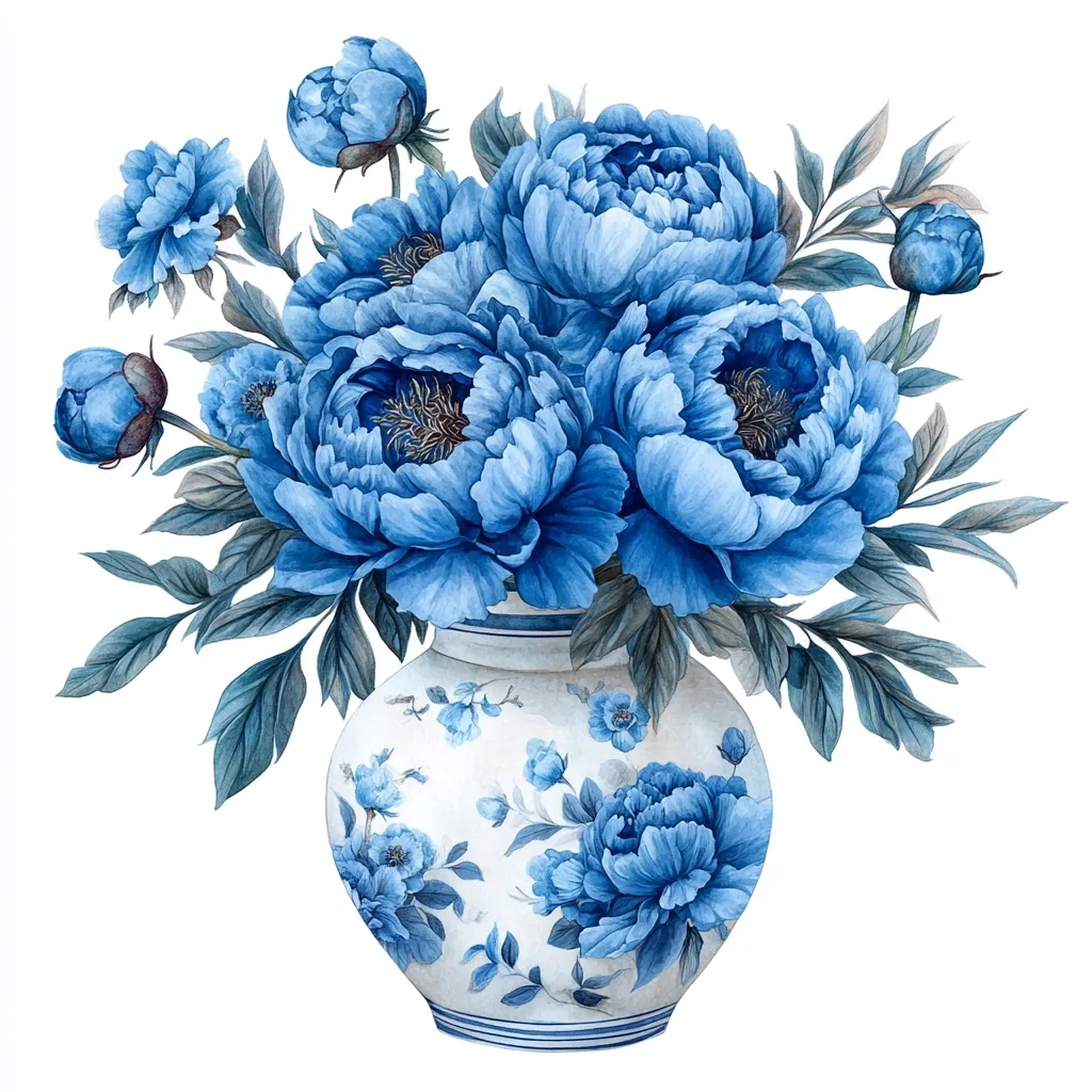 A watercolor painting showcases a vibrant bouquet of blue peonies arranged in an ornate, blue and white porcelain vase.  The peonies are depicted in various stages of bloom, their rich blue petals contrasting beautifully with the vase's delicate floral pattern. The lush greenery adds depth and complements the overall cool-toned palette. The composition is elegant and evokes a sense of tranquility.