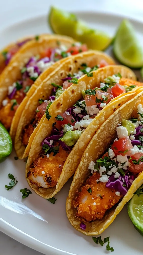 Four crispy fish tacos are artfully arranged on a white plate.  Each taco is generously filled with a vibrant mix of shredded red cabbage, diced tomatoes, crumbled feta cheese, creamy guacamole, and fresh cilantro.  Lime wedges garnish the plate, adding a pop of color and suggesting a refreshing, zesty flavor profile. The golden-brown tacos appear warm and inviting.
