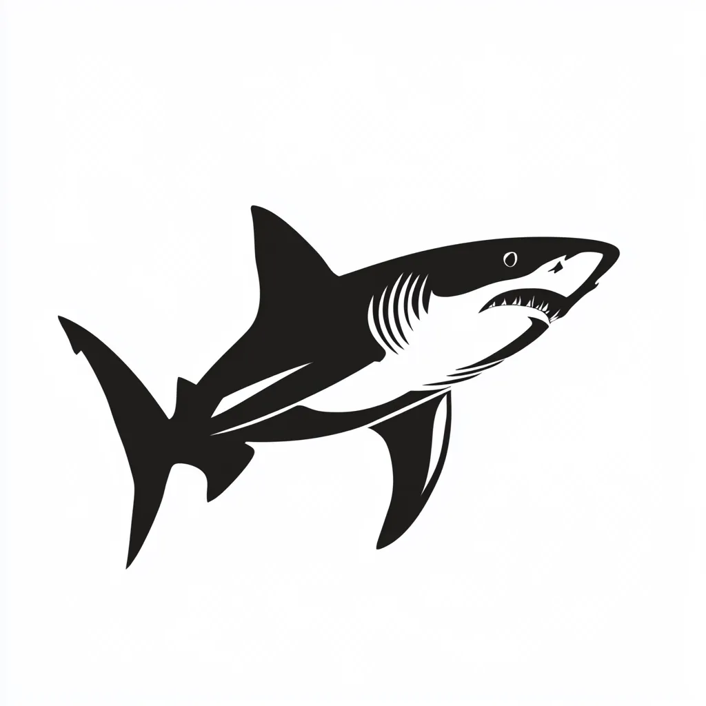 A stylized black and white illustration of a great white shark. The shark is depicted in profile, swimming towards the upper right corner. Its powerful body and sharp teeth are clearly visible. The image is simple yet striking, suitable for use as a logo or design element. The contrasting black and white creates a bold and memorable visual.