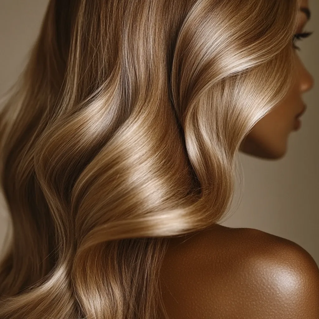 The image showcases the back of a woman with long, flowing, light brown hair styled in loose waves.  The hair is incredibly shiny and healthy-looking, with subtle highlights adding dimension.  Her tan skin is visible, contrasting beautifully with the rich tones of her hair. The overall aesthetic is one of luxury and beauty, focusing on the hair's texture and sheen.