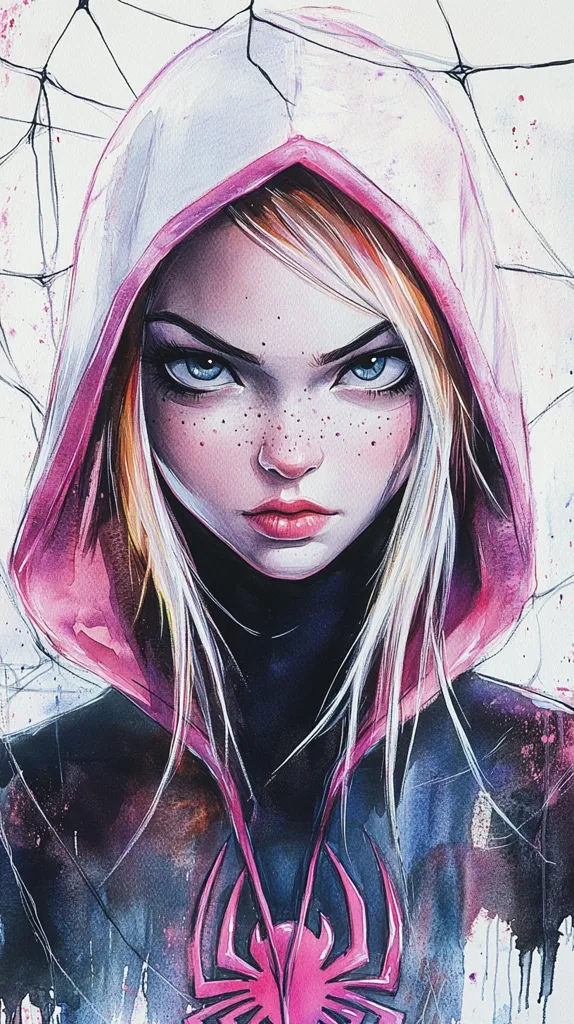 A stylized watercolor portrait of Gwen Stacy, Spider-Gwen, is presented.  She's depicted with striking blue eyes, freckles, and a determined expression. Her blonde hair flows from under a pink hooded sweatshirt, a prominent spider symbol adorns her chest. The background features faint web-like lines, enhancing the comic book character's identity.  The artist employs bold colors and expressive lines to create a dynamic and captivating image.