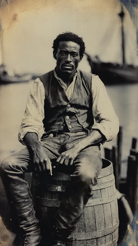 A black and white portrait shows a dark-skinned man seated on a wooden barrel. He wears a vest over a long-sleeved shirt and trousers. His expression is serious, and his hands rest on his thighs. The background is blurred, showing a waterfront scene with a ship partially visible. The photo is aged, giving it a vintage feel. The man's attire and the setting suggest a working-class individual possibly a dockworker or sailor.