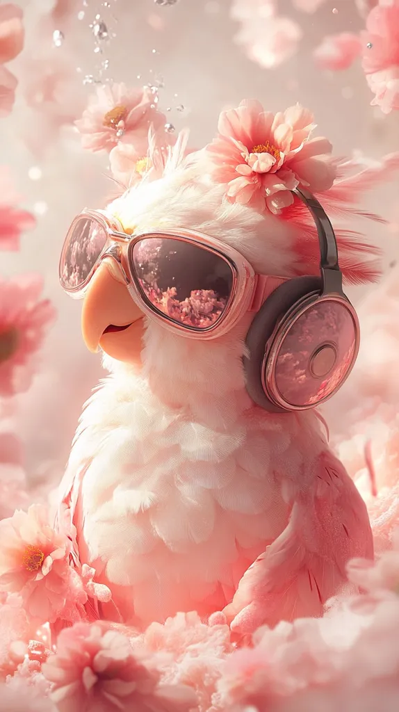 A fluffy pink bird, adorned with pink flowers and stylish pink sunglasses, relaxes while wearing oversized pink headphones.  The bird is nestled amongst delicate pink blossoms, creating a dreamy, pastel scene. Water droplets add a touch of ethereal beauty to the image.  The overall aesthetic is soft, calming, and whimsical.