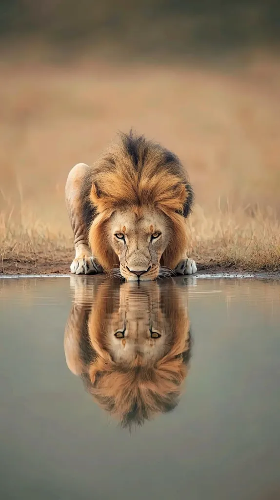 A majestic male lion with a thick, golden mane bends down to drink from a calm pool of water.  His reflection is perfectly mirrored in the still surface, creating a symmetrical and powerful image. The background is a blurred landscape of muted browns and greens, focusing attention on the lion and its reflection. The scene evokes a sense of peace and wild beauty.