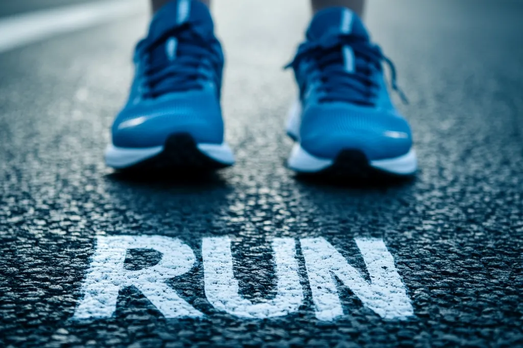 A close-up shot focuses on a pair of blue running shoes positioned on asphalt with the word "RUN" painted in white on the ground. The image emphasizes the runner's readiness and the act of running.  The dark, textured asphalt and the vibrant blue of the shoes create a striking contrast. The focus is sharp on the shoes and the word, blurring the background.