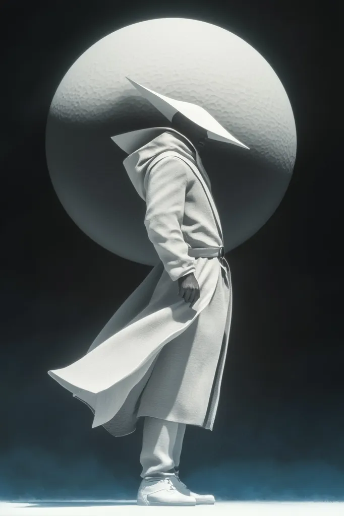 A monochromatic digital rendering depicts a cloaked figure, standing before a large, textured sphere.  The figure is adorned in a long, flowing white coat and a unique, angular headpiece. The coat billows slightly, suggesting movement or wind. The overall aesthetic is minimalist and futuristic, with a strong emphasis on form and shadow.  The scene is set against a dark background, drawing focus to the central figures.