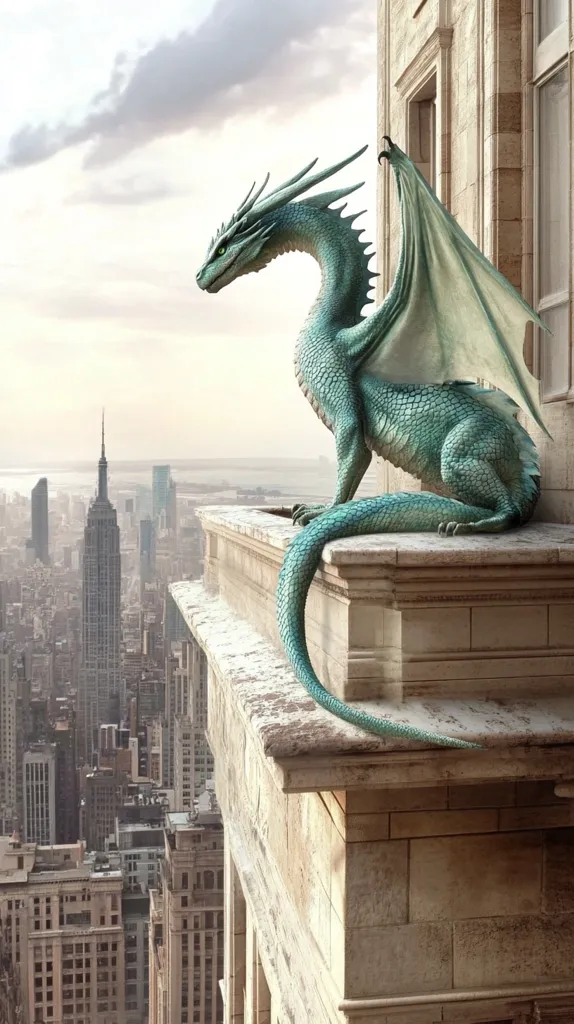 A teal dragon with outstretched wings sits perched atop a tall building overlooking the New York City skyline.  The Empire State Building is visible in the distance. The dragon's scales shimmer subtly in the soft light, and its gaze is directed towards the cityscape.  The scene blends fantasy and reality, creating a captivating juxtaposition.