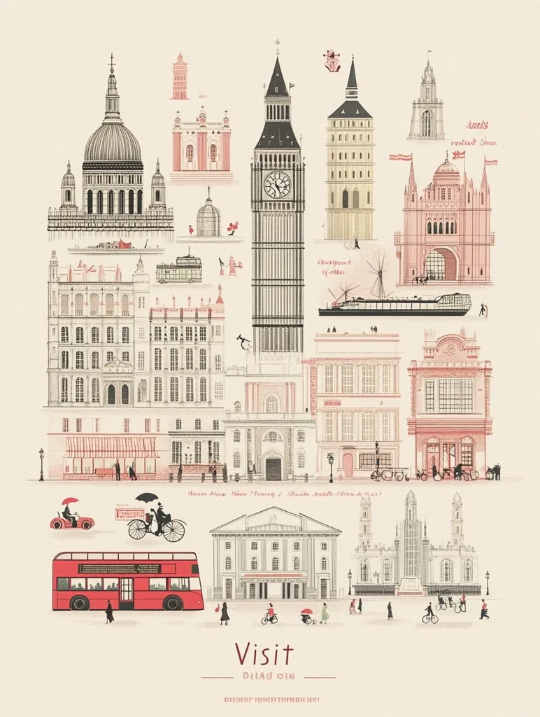 This charming illustration depicts a whimsical collection of iconic London landmarks.  From the majestic St. Paul's Cathedral and the towering Big Ben to smaller, detailed buildings and a red double-decker bus, the image captures the city's unique architectural style.  People stroll the streets, adding to the lively atmosphere.  The artwork is a stylized representation of London's charm, rendered in soft pastel colors.