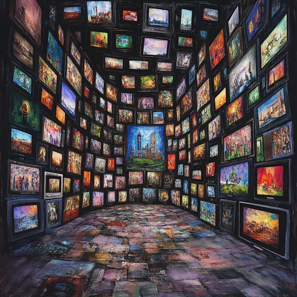 A room is completely enclosed by numerous television screens, each displaying a unique, vibrant artwork. The screens are densely packed, creating a visually overwhelming and immersive experience. The artworks vary in style and subject, ranging from landscapes and cityscapes to portraits and abstract pieces. The floor appears to be a patchwork of various textures and colors, complementing the eclectic display on the screens.  The overall effect is one of information overload and artistic abundance.