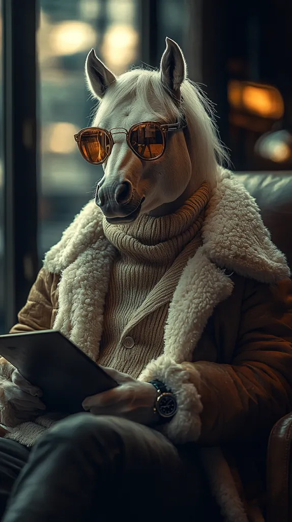 A horse wearing a stylish sheepskin coat, turtleneck sweater, and sunglasses sits in a leather armchair.  It holds a tablet, seemingly engrossed in its digital content. The setting is dimly lit, giving a sophisticated and slightly surreal atmosphere to the image.  The horse's calm demeanor adds to the unique and unexpected scene.