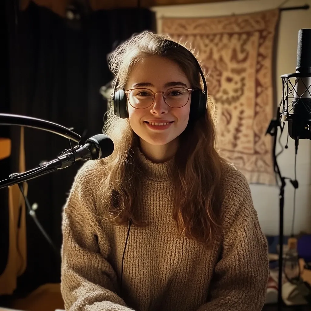 A young woman with long brown hair and glasses sits in a recording studio, wearing a beige knit sweater and headphones.  A microphone is positioned in front of her, and a tapestry hangs on the wall behind.  The setting suggests she is podcasting or recording vocals.  Sunlight illuminates her face, creating a warm and inviting atmosphere.