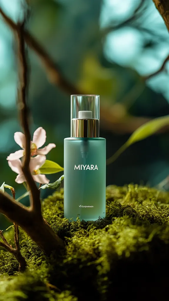 A teal-colored glass bottle of Miyara brand skincare sits on a bed of vibrant green moss.  The bottle features a clear glass top and a gold cap. Delicate pink blossoms and a branch are artfully blurred in the background, creating a serene, natural setting. The overall image evokes a sense of calm and natural beauty.