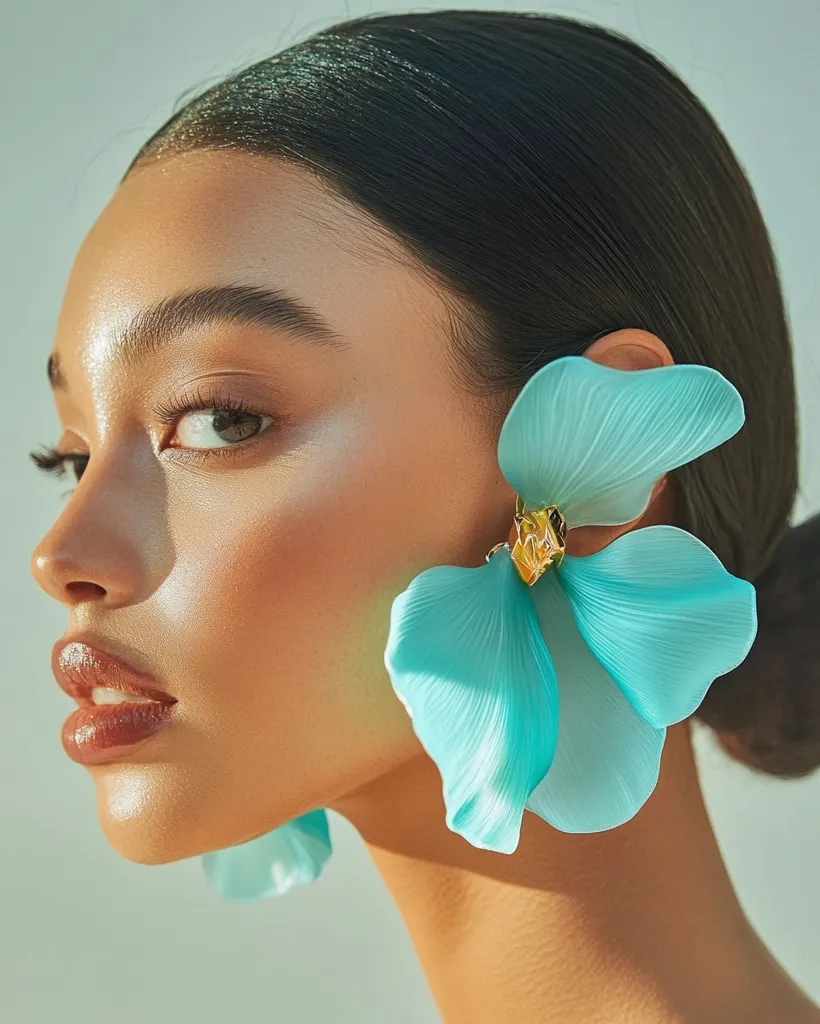 Close-up profile of a woman with sun-kissed skin and dark hair styled in a low bun. She wears large, statement earrings shaped like light turquoise petals, accented with gold detailing.  The image's soft lighting and focus on her face highlight her natural beauty and the elegant jewelry.