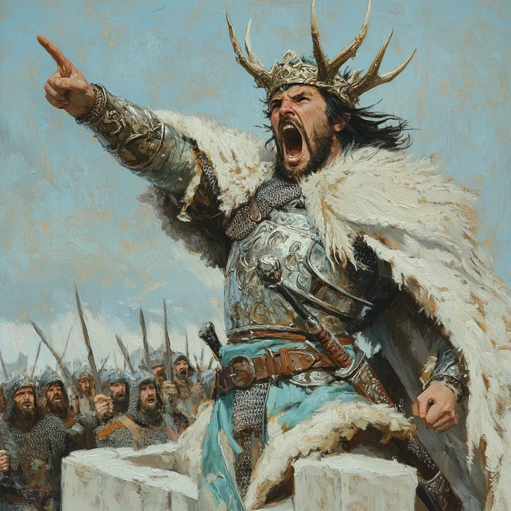 A powerful king, adorned in ornate silver armor and a crown of antlers, stands before his army.  He's fiercely shouting, his arm raised in a commanding gesture.  His long cloak of white fur contrasts sharply with his vibrant teal tunic.  Behind him, a multitude of soldiers, clad in chainmail, stand ready, spears held high, under a pale sky.  The scene is a dramatic portrayal of leadership and impending battle.